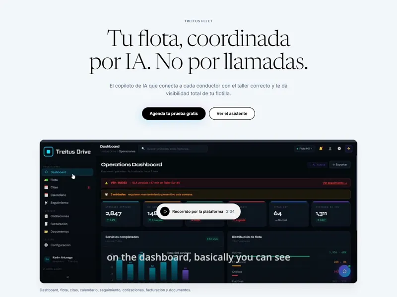 Landing de Treitus Fleet: tu flota, coordinada por IA, no por llamadas
