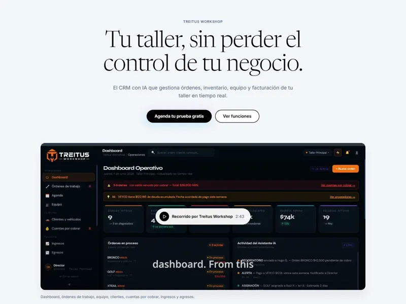 Landing de Treitus Workshop: tu taller, sin perder el control de tu negocio
